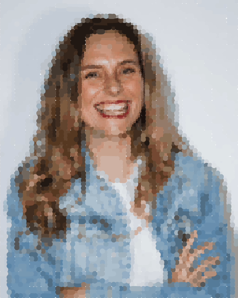 Brooke's finished Canva portrait built from small colour dabs, with finer detail in the face