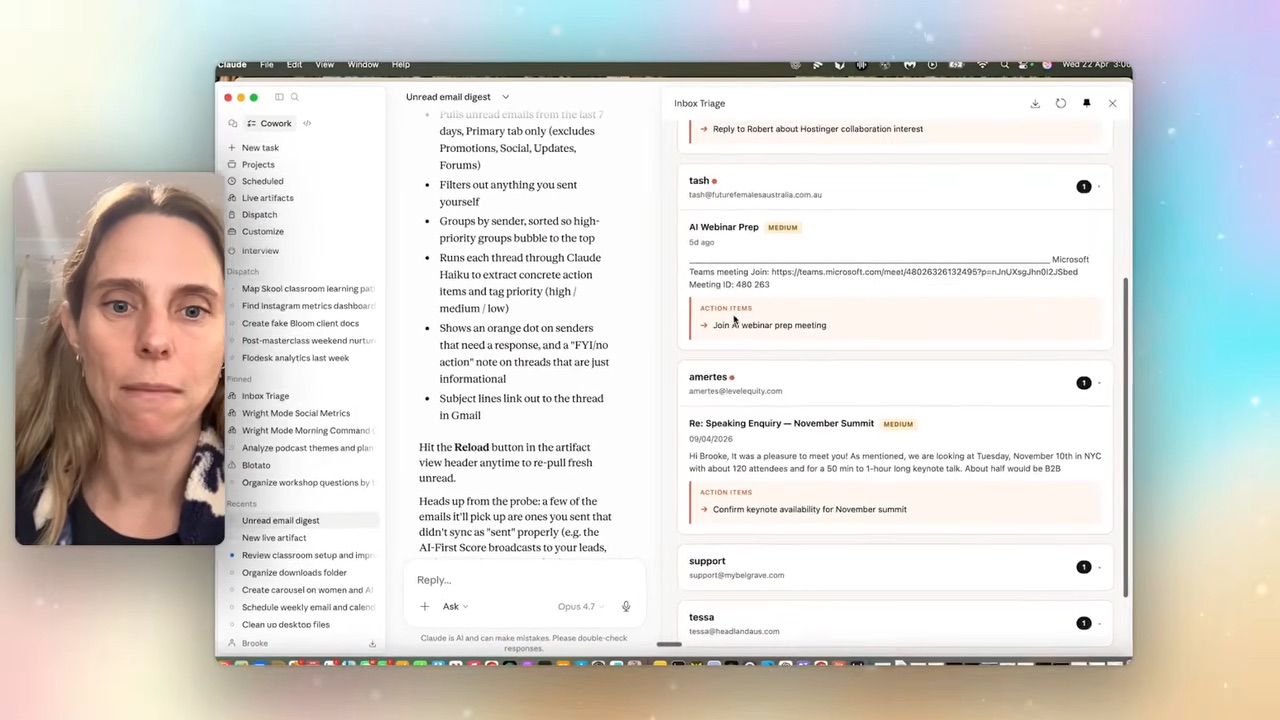 The inbox triage Live Artifact — unread emails grouped by sender with action items pulled out, refreshed on open