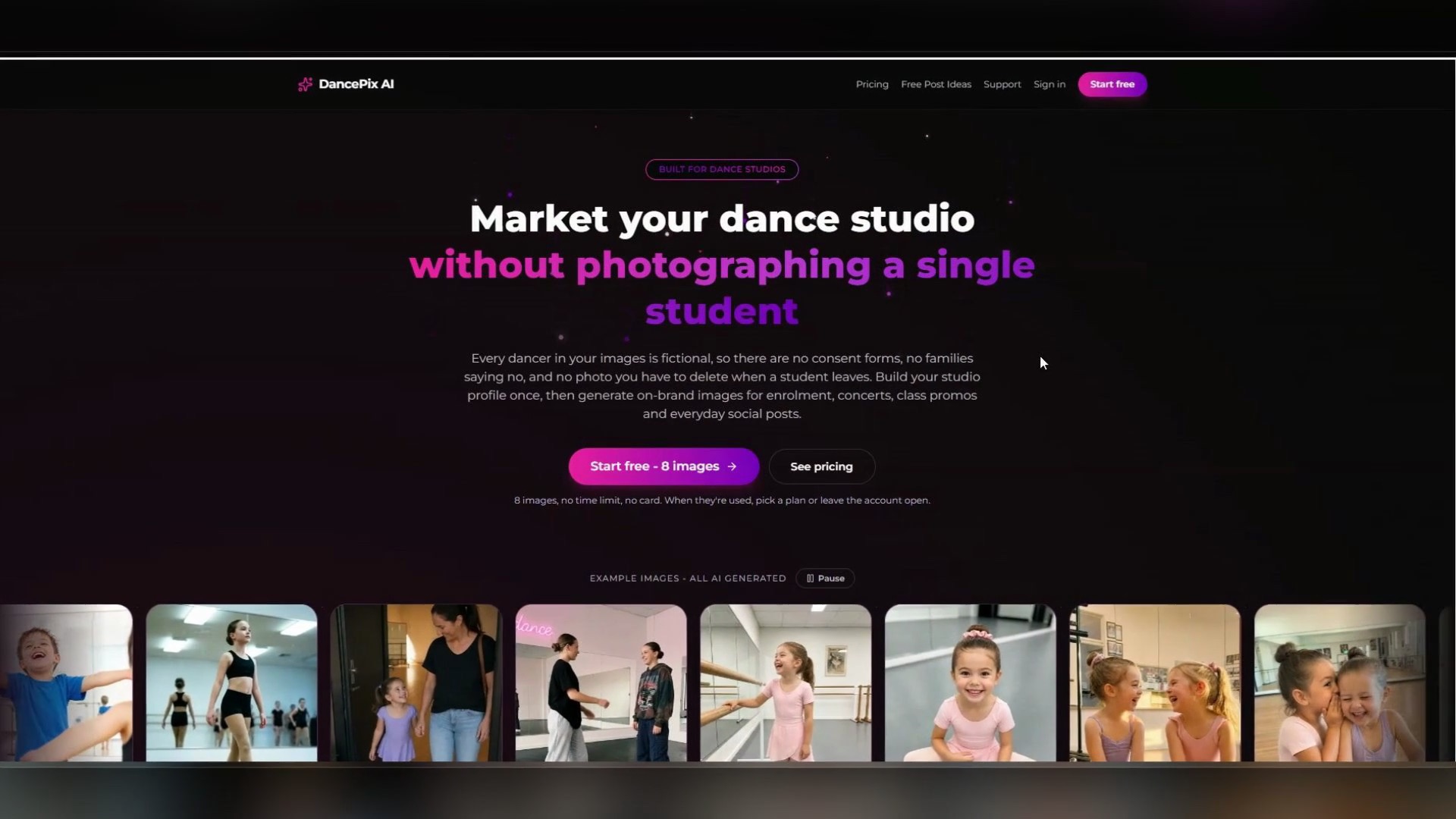 The DancePix AI landing page — market your dance studio without photographing a single student