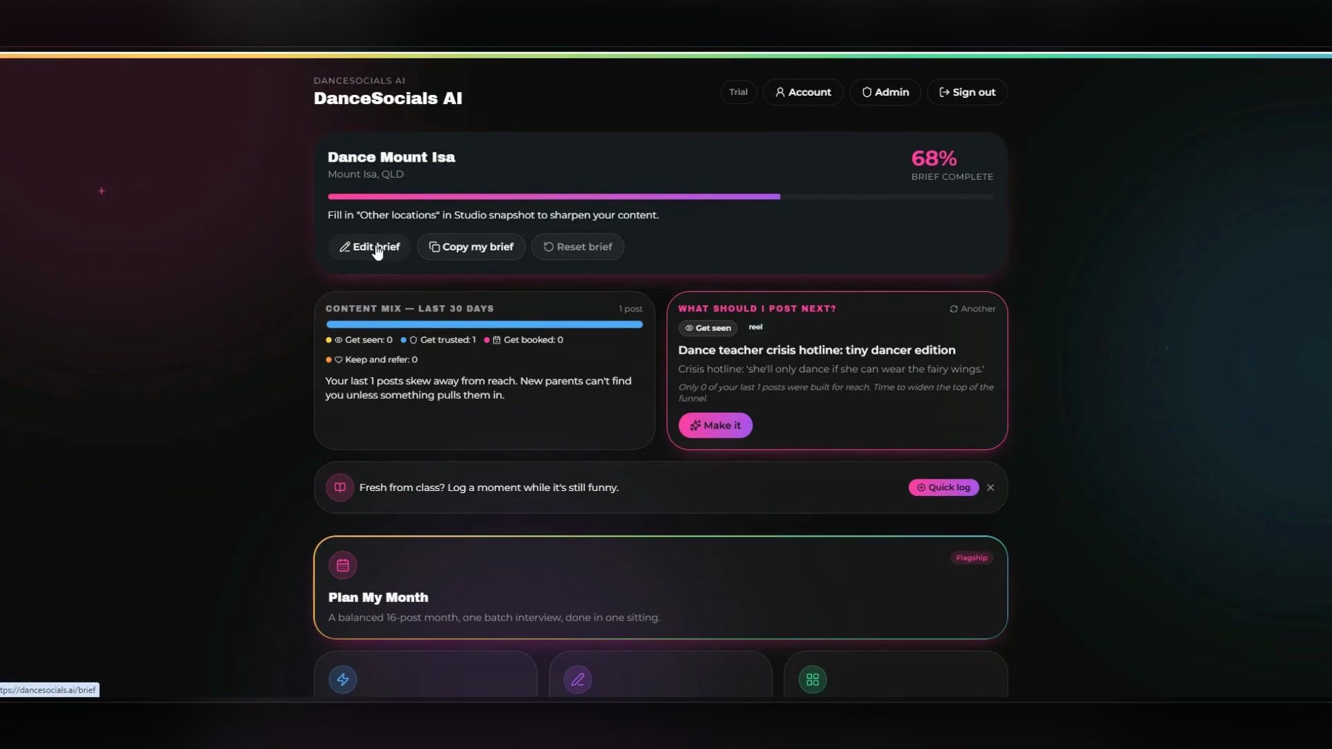 The DanceSocials AI studio brief — the eight-step questionnaire that powers every post the app writes