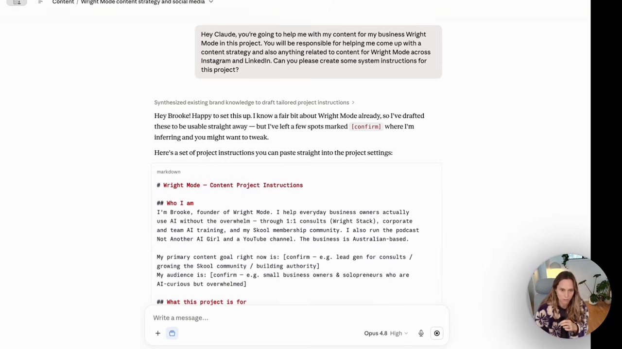 Setting up a Claude project with Wright Mode content instructions, showing Claude drafting the project settings