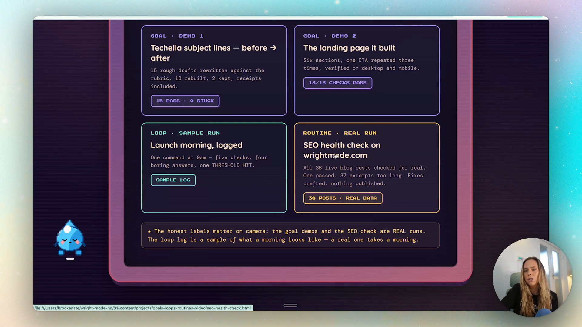 Real results from goals, loops and routines — 15 subject lines rewritten against a rubric, a landing page passing 13 checks, and the Monday SEO health check that audited 38 live posts