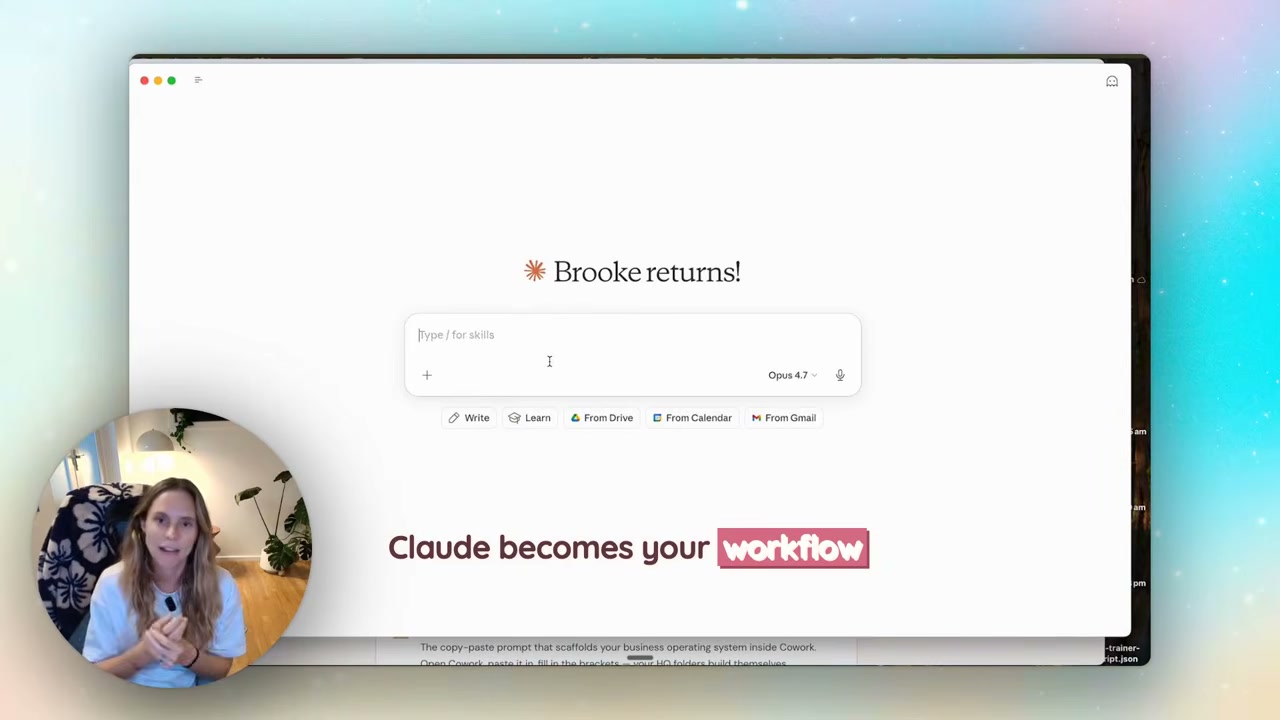 Slide reading "Claude becomes your workflow" — the core idea behind moving from chatbot to system