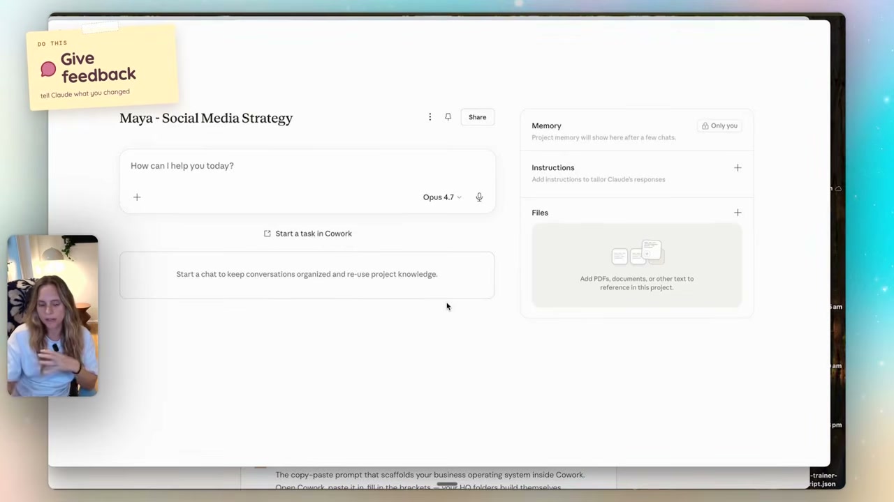 Inside a Claude project called "Maya — Social Media Strategy" — chats, files, custom instructions and tools all in one workspace