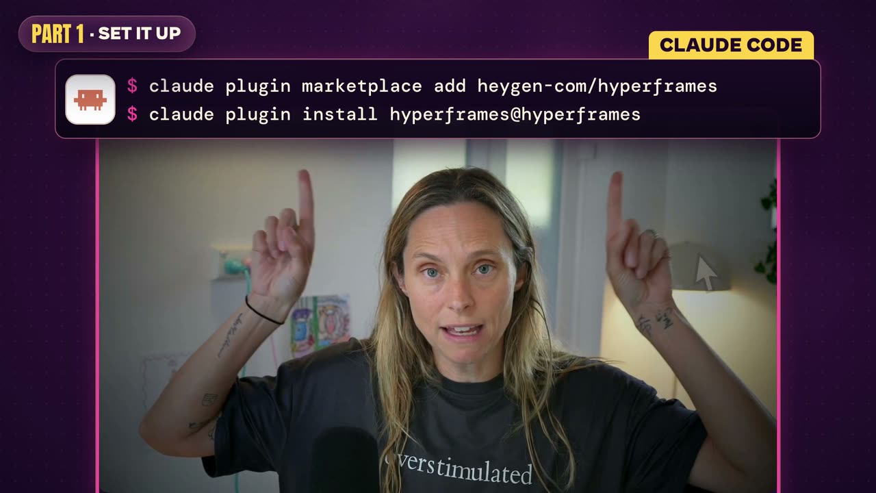 The two Claude Code install commands from the video in a terminal card above Brooke's head: claude plugin marketplace add heygen-com/hyperframes, then claude plugin install hyperframes@hyperframes