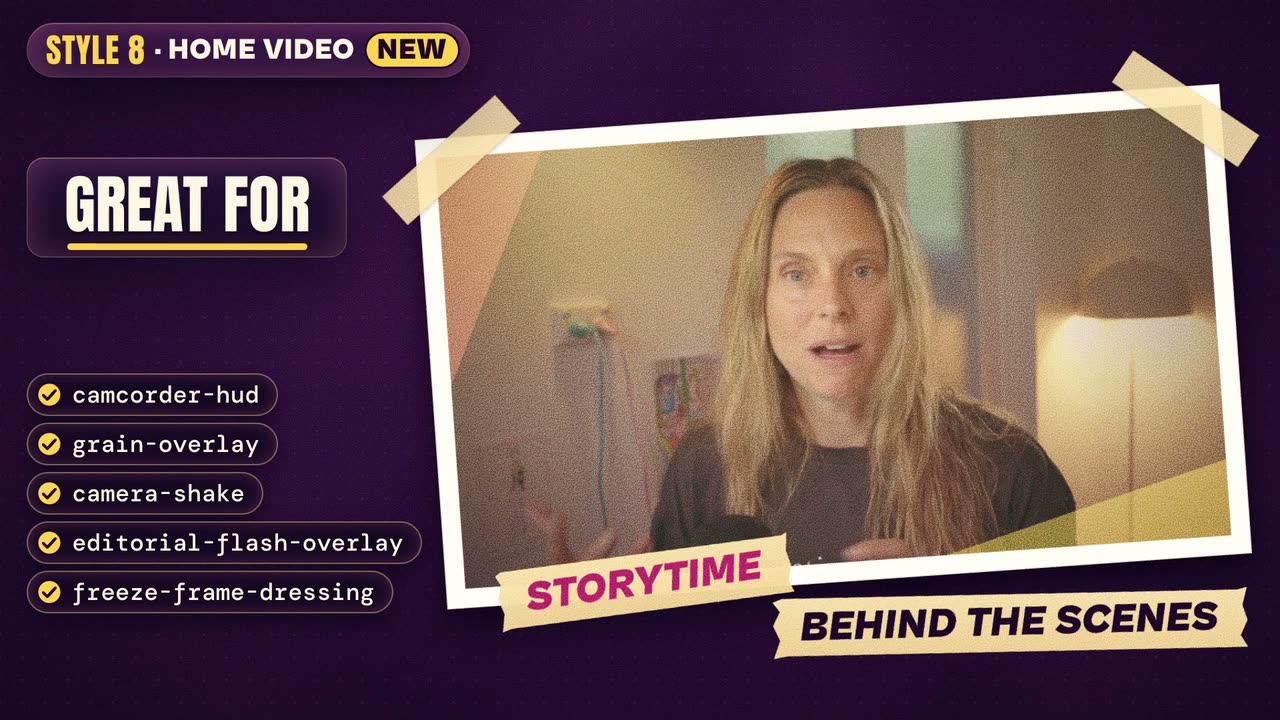 Style 8, home video, from the video: a taped photo of Brooke labelled Storytime and Behind the scenes, next to the five HyperFrames elements it's built from: camcorder-hud, grain-overlay, camera-shake, editorial-flash-overlay and freeze-frame-dressing