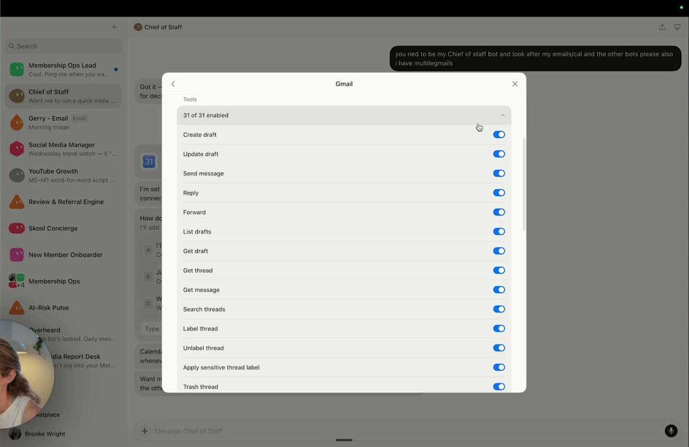 The Gmail connector inside Grok Bot showing 31 of 31 tools enabled with individual toggles for create draft, update draft, send message, reply and forward