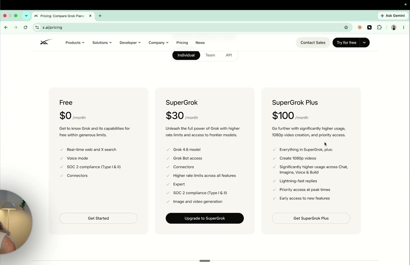 The Grok individual plans page at x.ai/pricing showing Free at zero dollars, SuperGrok at thirty dollars a month with Grok Bot access listed, and SuperGrok Plus at one hundred dollars a month