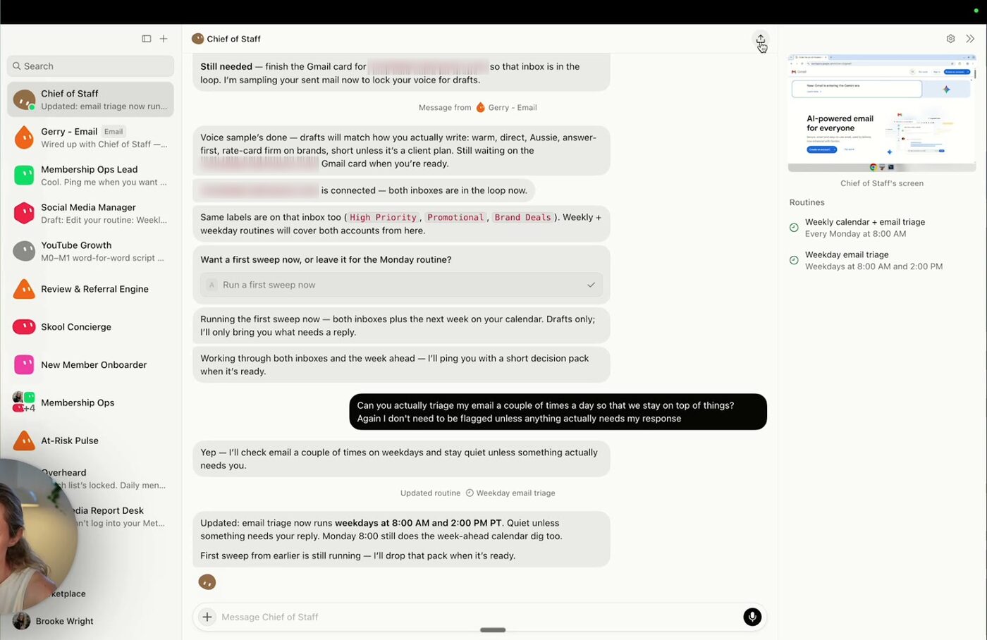 A Grok Bot chat with the routines panel open, showing a weekly calendar and email triage routine every Monday at 8am and a weekday email triage routine running at 8am and 2pm