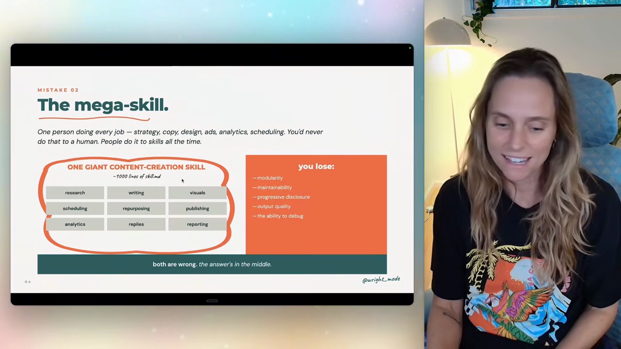 The mega-skill anti-pattern — one bloated skill trying to handle research + writing + design + analytics + scheduling all at once