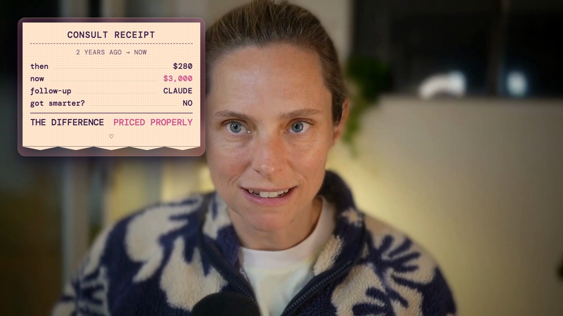 Consult receipt: $280 two years ago, $3,000 now, the follow-up handled by Claude