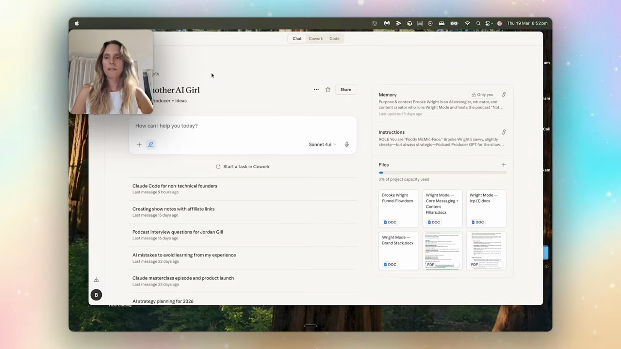 Inside a Claude project — system instructions, knowledge base files, chat history nested in one workspace