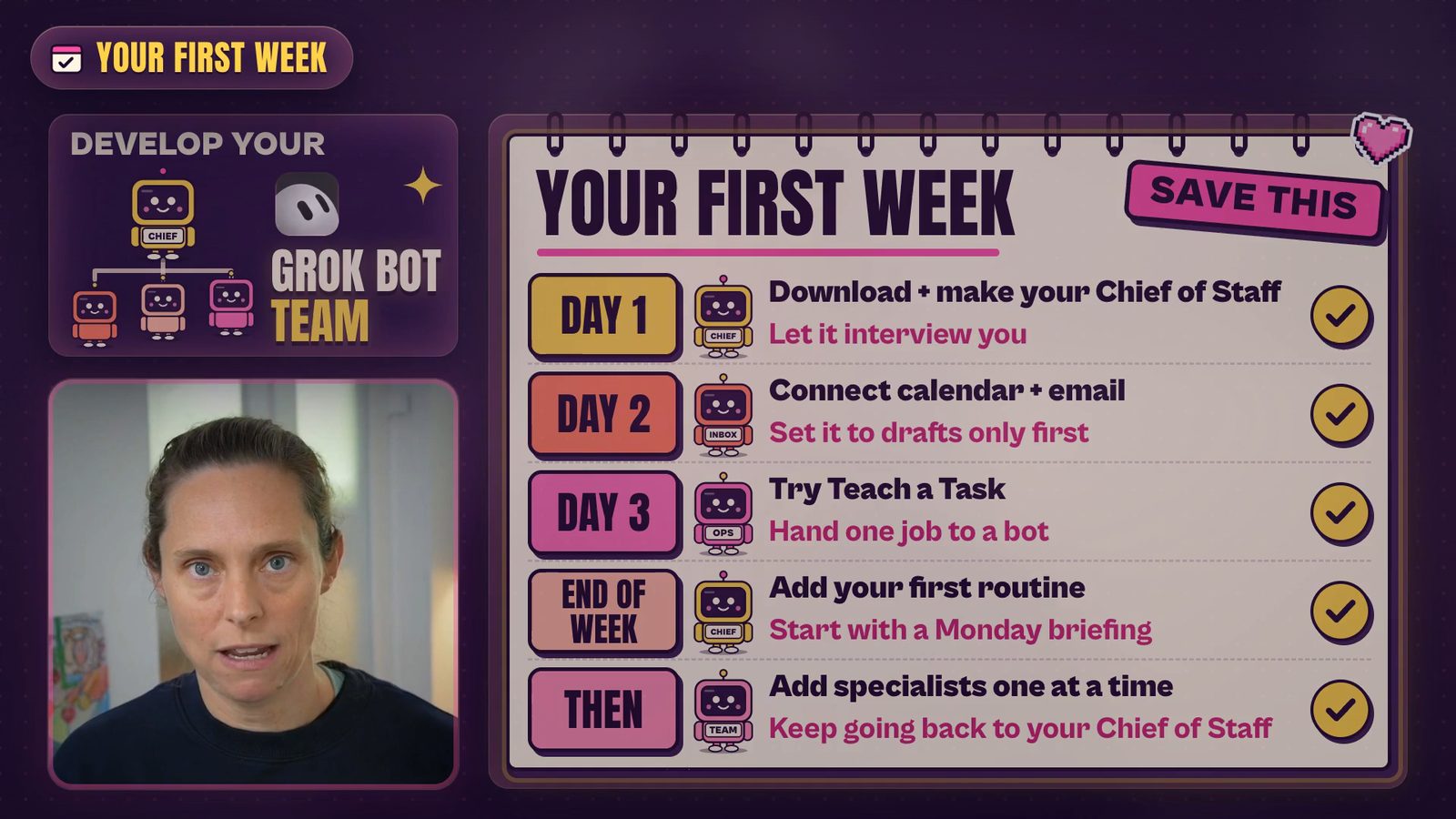 A first-week checklist for Grok Bot: day 1 download it and make your Chief of Staff, day 2 connect calendar and email with drafts only, day 3 try Teach a Task, end of week add a Monday briefing routine, then add specialists one at a time
