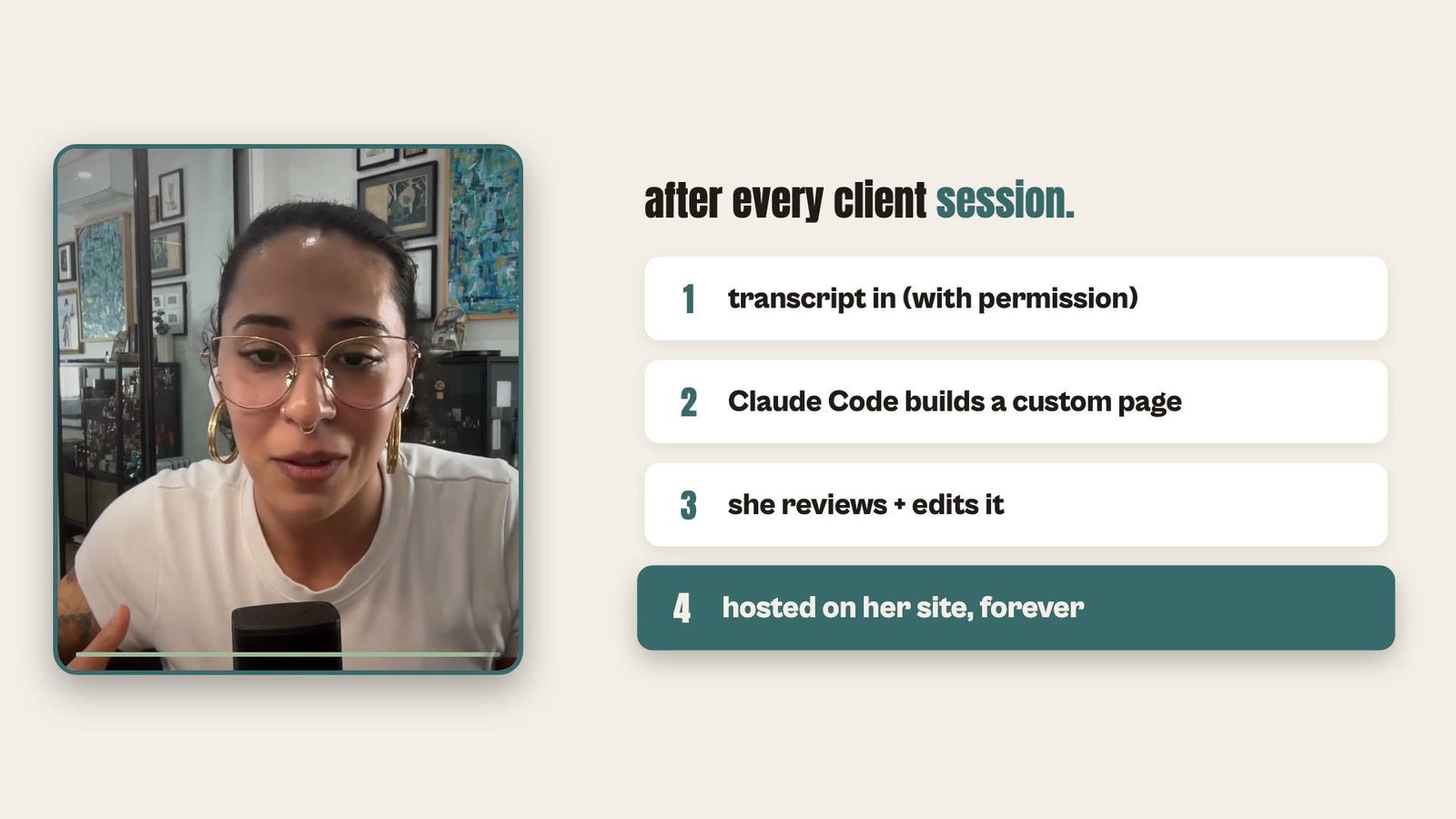 Graphic from the episode listing Liv's four steps after a client session: transcript in with permission, Claude Code builds a custom page, she reviews and edits it, and it is hosted on her site