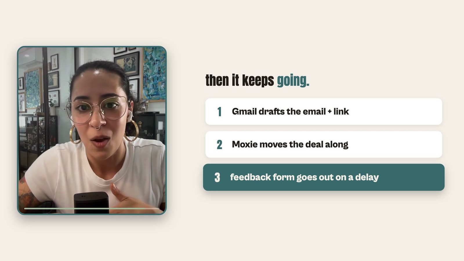 Graphic from the episode listing the follow-up steps: Gmail drafts the email and link, Moxie moves the deal along, and a feedback form goes out on a delay
