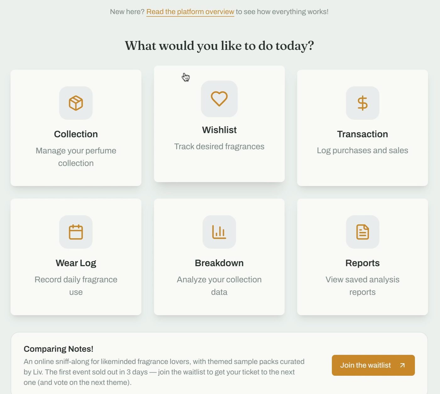Track Your Perfume dashboard with cards for Collection, Wishlist, Transaction, Wear Log, Breakdown and Reports, above a banner inviting fragrance lovers to join the Comparing Notes waitlist